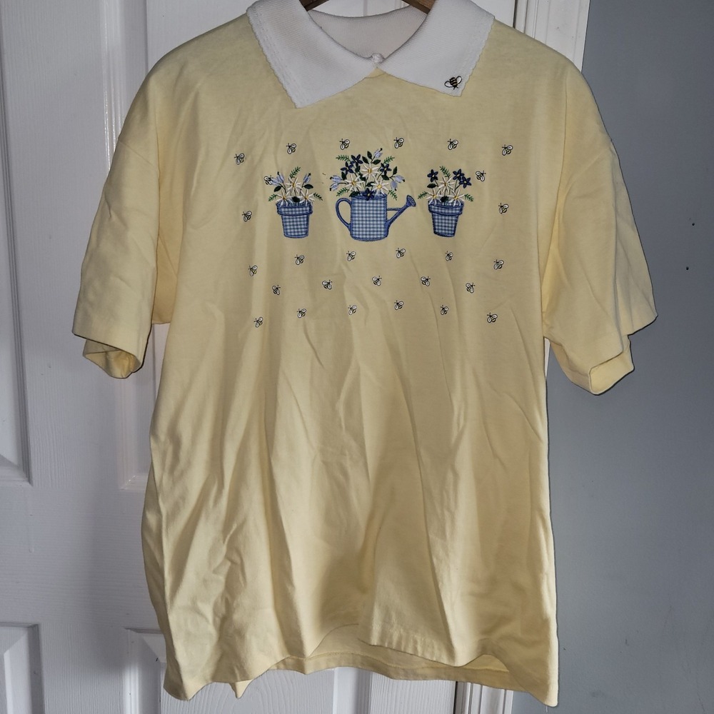 Vintage Morning Sun Collared T-Shirt Womens L Bumblebee Floral Made USA Granny